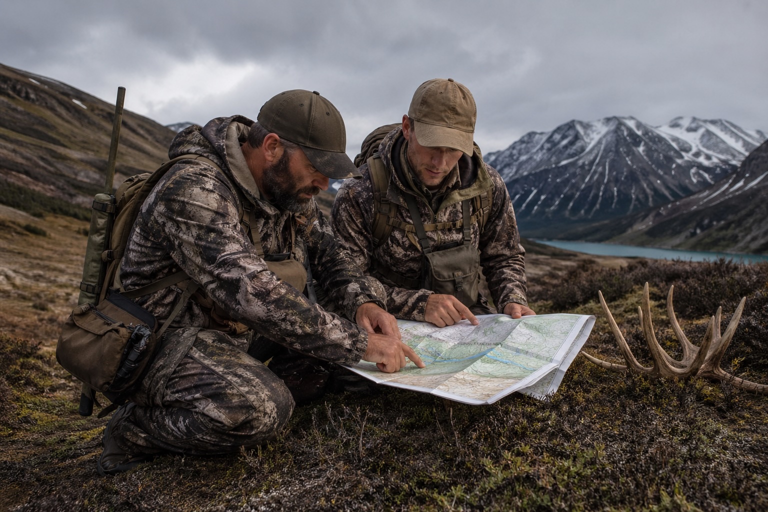 Hunters reviewing a BC hunt plan and map before booking.